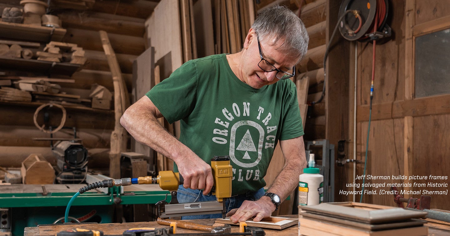 Jeff Sherman builds picture frames using salvaged materials from Historic Hayward Field