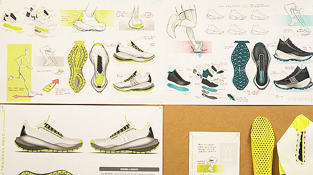 shoe sketches on a bulletin board